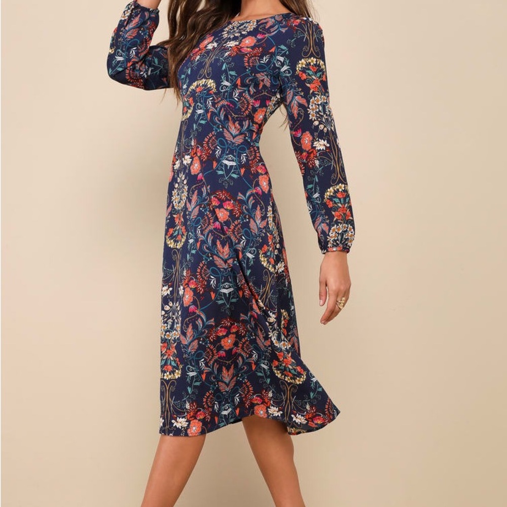 Garden Party Splendor Navy Blue Print Long Sleeve Midi Dress